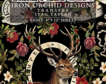 Stag Tavern IOD Transfer | 8x12 Vintage Woodland Christmas Decor Transfer by Iron Orchid Designs | Rustic Holiday Rub-On Transfer Set