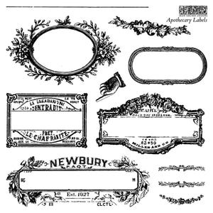 May include: A collection of black and white apothecary labels with ornate floral and botanical designs. The labels feature various shapes, including ovals, rectangles, and banners, with text such as "NEWBURY" and "Est. 1927".