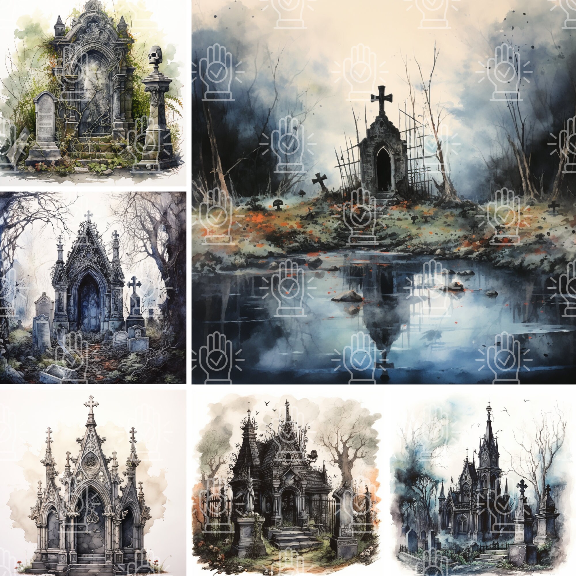 Watercolor Gothic Graveyard Clipart: Spooky Halloween Digital Paper ...