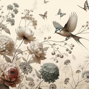 May include: A detailed illustration of a bird in flight, perched on a branch amidst flowers and butterflies. The color palette is soft, featuring muted tones of brown, beige, and gray. The artwork evokes a sense of nature and tranquility.