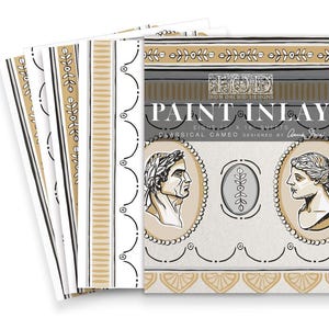 May include: A stack of eight 8 x 10 inch sheets of "Paint Inlay" with a classical cameo design. The sheets feature a repeating pattern of gold, black, and white decorative elements. The packaging includes illustrations of classical busts.