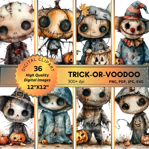 Halloween Voodoo Doll Watercolor Clipart: Spooky Junk Journal Kit (PNG, SVG, PDF)