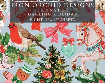 Darling Holiday IOD Transfer | 8x12 Vintage Christmas Decor Transfer by Iron Orchid Designs | Whimsical Santa & Holiday Rub-On Transfer Set