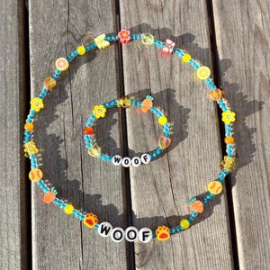 WOOF Dog and Owner Matching Decklace Set – Handmade Beaded Dog Necklace & Bracelet with Unique Charms, Fruit, Flower Accent Beads, Gift Idea