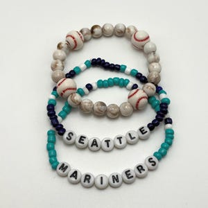 Seattle Mariners Baseball Bracelets – Handmade Beaded Stack, Game Day Jewelry, MLB Fan Gift, Teal & Navy, Baseball Bead Bracelet Set