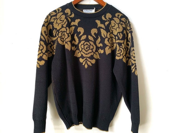 80s Gold & Black Sweater M/L. Metallic Gold Flowers Evening | Etsy