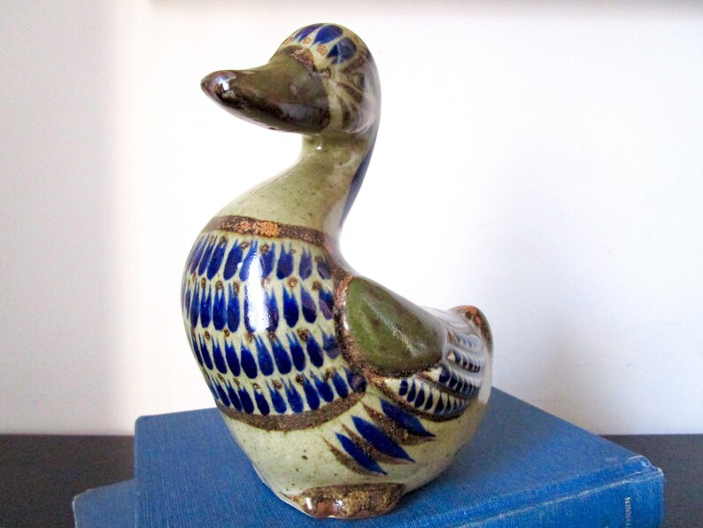 Mexican folk art cobalt blue speckled South American decor. green Vintage Tonala Duck Pottery tan ceramic bird Hand painted