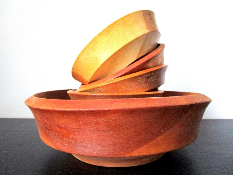 Rustic Wooden Salad Bowls 5 Pcs Mid Century Minimalist Wood Image 0
