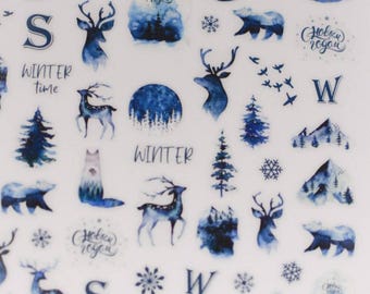 Christmas nail stickers-Winter nail stickers-Winter nail decals-Reindeer Nail Stickers-Winter Nail Art-Blue christmas nail stickers-Nail art