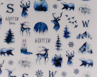 Christmas nail stickers-Winter nail stickers-Winter nail decals-Reindeer Nail Stickers-Winter Nail Art-Blue christmas nail stickers-Nail art