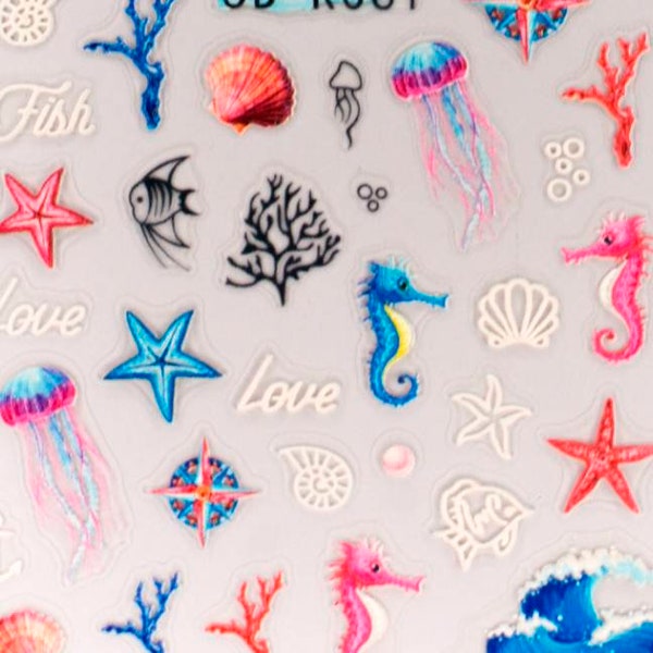Adesivi per unghie per vacanze tropicali: cavalluccio marino, conchiglie, stelle marine, meduse, decalcomanie per nail art sull'oceano