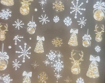 Christmas Nail Stickers - Sparkling Gold Glitter Ornaments, Reindeer, and Trees with White and Gold Snowflakes