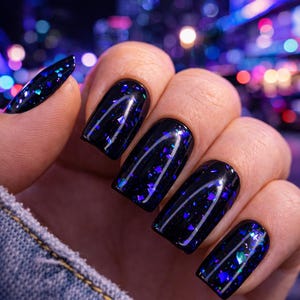 May include: Close-up of a hand with dark, glossy nail polish. The polish is black with iridescent blue and purple glitter flecks. The nails are a mix of square and almond shapes, with a denim jacket in the background.