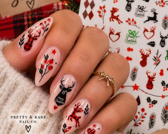 Christmas Reindeer Nail Stickers, Red Plaid Nail Decals, Woodland Holiday Nail Art