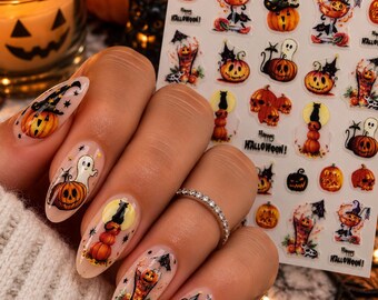 Stickers pour ongles d'Halloween, citrouille fantôme et chat noir, décoration d'ongles mignonne et effrayante