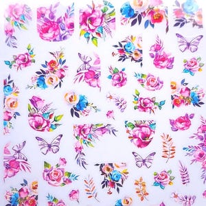 Pink Flower Nail Stickers | Butterflies | Flowers | Roses | Nail Decals | Summer Nail Stickers