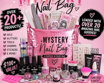 May include: A pink bubble mailer labelled Mystery Nail Bag containing a collection of nail art supplies including gel polish bottles, glitter jars, nail brushes, files, polygel, nail stickers, charms, and a pink brush, with text detailing over 20 products.