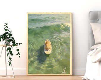 Golden Retriever Surfing Print – Beach Dog Wall Art for Coastal Décor (Digital Download)