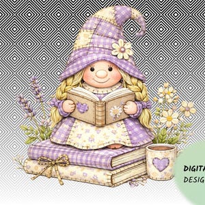Peut inclure: Illustration d'un gnome lisant un livre, vêtu d'un chapeau et d'une robe en patchwork violets. Le gnome est assis sur une pile de livres, avec une tasse et des fleurs. Fond géométrique noir et blanc. Texte : DIGITAL PNG DESIGN ONLY.