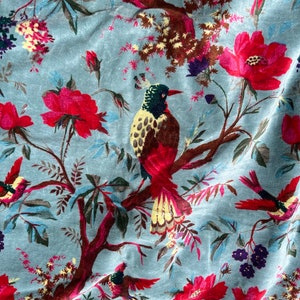 Smooth cotton velvet blue-green background, birdy bird of paradise patterns, leaf flowers, very soft velvet, ideal for decoration or clothing