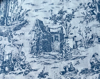 Tissu coton léger bleu et blanc, style toile de Jouy, idéal vêtements fluides d'été Cotonnade légère et souple