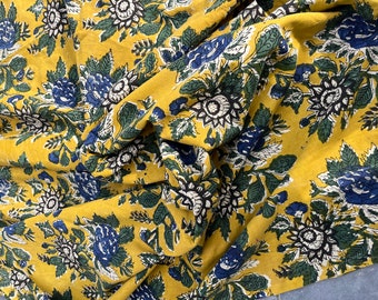 Coton indien moutarde, block print, teinture végétale, jaune moutarde bleu marine et blanc - superbe en déco ou vêtement