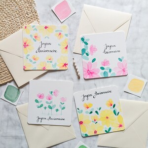 Cartes aquarelles originales sur papier "Joyeux Anniversaire"