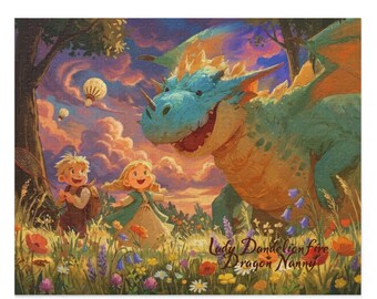 May include: A colorful jigsaw puzzle featuring a friendly dragon with two children in a whimsical outdoor scene. The dragon is teal and orange, with the text "Lady Dandelionfire Dragon Nanny" at the bottom. The puzzle is set in a field of flowers.