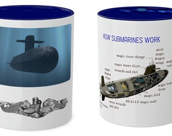 May include: White ceramic mug with a blue rim. The mug features a cartoon illustration of a submarine with the text "HOW SUBMARINES WORK" and a humorous description of the submarine's parts.