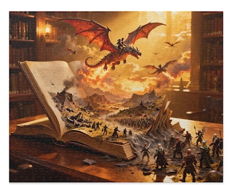 Puede incluir: Un rompecabezas de fantasía que representa un dragón volando sobre una escena de batalla que emerge de un libro abierto. El rompecabezas presenta una paleta de colores cálidos con dragones, guerreros y un entorno de biblioteca.