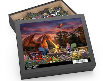 May include: A 16x20 inch puzzle box with a fantasy scene. The image shows a red dragon breathing fire at a campfire where three children are sitting. The puzzle contains 500 pieces and is for ages 9+.