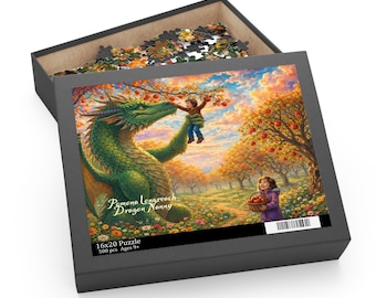 May include: A 16x20 inch puzzle box with a colorful illustration. The artwork depicts a green dragon helping a child pick apples from a tree, with another child holding a basket. The box is dark gray and contains puzzle pieces.