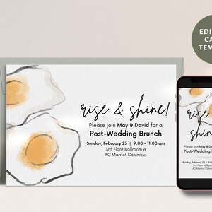 May include: A digital invitation featuring a watercolour illustration of two fried eggs. The text reads "rise & shine!" and invites guests to a post-wedding brunch on Sunday, 23rd February from 9:00 am to 11:00 am at the AC Marriott Columbus.