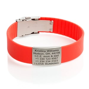 Bracelets d'identification d'urgence gravés personnalisés Rouge
