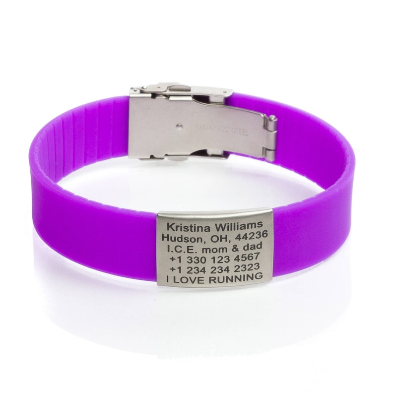 Bracelets d'identification d'urgence gravés personnalisés Violet