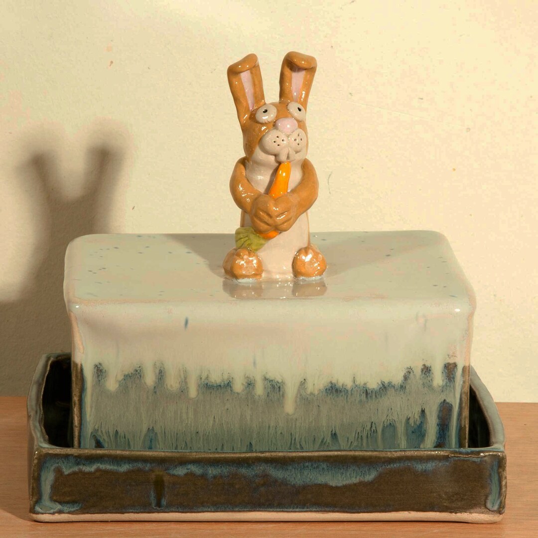 Butter Dish / Cheese Dish Bunny Rabbit Handle. Handmade Ceramic Glazed ...