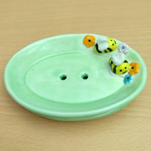 Soap Dish and draining dish - Bees and flowers. Light green background. Handmade stoneware ceramic.