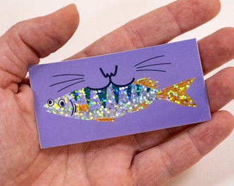 Eaty the fishy | Glitter Sticker, Cat Sticker, Fish Sticker, Kawaii Cat Sticker, Water Bottle Sticker, Laptop Sticker, Rainbow Fish