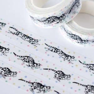 Niedliches Katzen Washi Tape | 15 mm x 10 m Kawaii Briefpapier mit schwarz weiß Illustration und bunten Pastell Punkten, für Planer, Scrapbooking