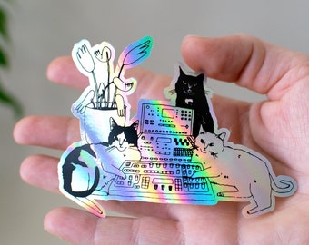 Cats On Synthesizer Sticker | Holographic Stickers, Cat Stickers, Vaporwave Stickers, Kawaii Sticker, Water Bottle Sticker, Laptop Sticker,