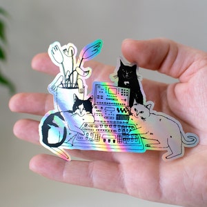 Cats On Synthesizer Sticker | Holographic Stickers, Cat Stickers, Vaporwave Stickers, Kawaii Sticker, Water Bottle Sticker, Laptop Sticker,