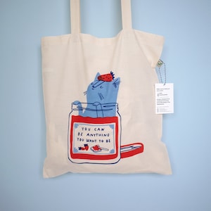 Strawberry Jam Tote Bag Cat Tote Bag, Organic Cotton, Reusable Tote Bag, Fabric Tote Bag, Inspirational Quotes, Motivational Sayings image 1