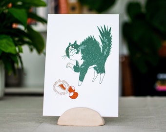 Spiky Enemy  | Art Print, Cat Painting, Animal Illustration, Whimsical wall decor, colorful art print, chestnut boletus, tuxedo cat