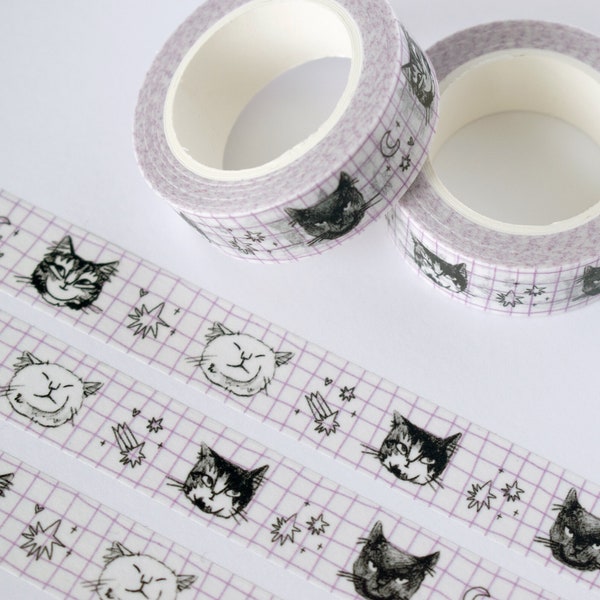 Cute Cat Washi Tape | 15mm x 10m Kawaii stationery with black and white illustration and pastel pink checkered bg for planners, scrapbooks