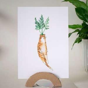 Wortelkat | Grillige kunstafdruk van originele aquarel vegetarische illustratie voor veganisten/vegetariërs, handgemaakt voedsel illustratie wanddecor