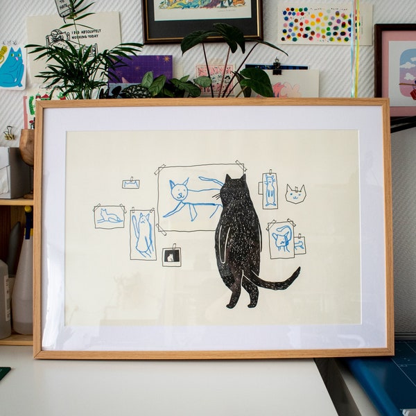 Poster en risographie A2 de la galerie des chats | Illustration en noir et bleu bleuet d'un chat jugeant l'art minimaliste d'un chat