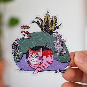 Grotta per gatti / Adesivo trasparente, Adesivi per gatti, Adesivo kawaii, Adesivo per bottiglia d'acqua, Adesivo per laptop, Arte vegetale, Funghi selvatici, Gatto soriano