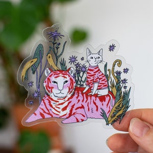 Tiger and Cat | Transparent Sticker, Cat Stickers, Kawaii Sticker, Water Bottle Sticker, Laptop Sticker, Plant art, Jungle sticker