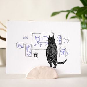 猫のアーティスト | ジクレー アート プリント、猫の絵画、動物のイラスト、気まぐれな壁の装飾、白黒スケッチ、線画、黒猫