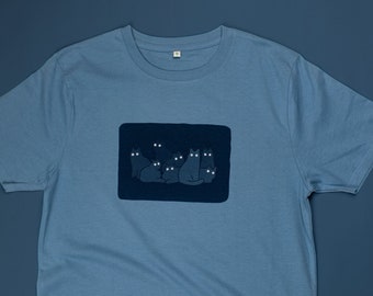 Reflecting cat eyes t-shirt | Hand screen printed on blue organic cotton tee with reflective ink